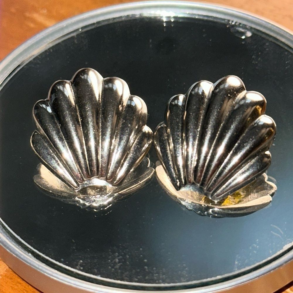 Shell Shaped Silver Tone Post Earrings - image 1